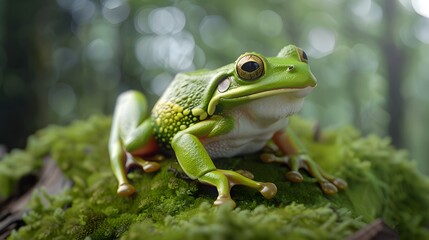 Fototapeta premium European green tree frog sitting isolated on white. 