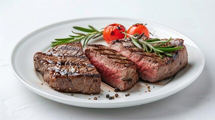 Beef steak served in plate on white background Grilled steak medium rare : Generative AI