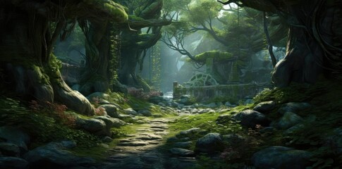 backgrounds hd wallpaper of a lush forest with trees and rocks, featuring a wooden fence and a large tree in the foreground