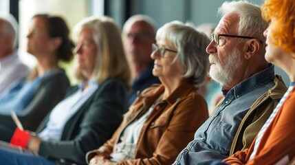 A group of senior adults attentively participating in an educational class demonstrating the concept of lifelong learning : Generative AI