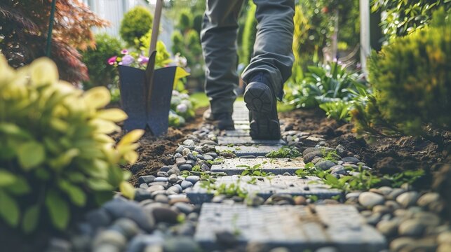 Caucasian Landscaping Worker in His 40s Building Backyard Garden Granite Bricks Path Residential Landscaping Industry : Generative AI