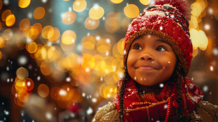 A joyful child in a red hat and scarf, enjoying a festive winter wonderland with glowing lights and falling snow.