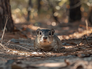 Fototapeta premium A Ground Dwelling Rodent Surrounded by Autumn Leaves in Forest Setting with Warm Light and Shallow Depth of Field Enhancing the Focus on the Animal
