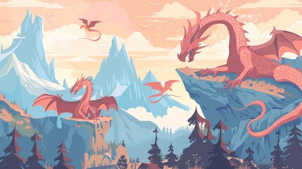dragons mountain flat design, side view, medieval theme, animation, colored pastel