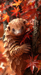 Obraz premium Adorable Pangolin Amid Vibrant Red Autumn Leaves on a Tree Cute Wildlife Photograph Depicting Rare Armored Mammal in Natural Habitat Animal Conservation and Biodiversity Awareness