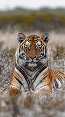 Obraz premium Majestic Tiger in Natural Habitat A Striking Portrait of the Majestic Predator Capturing the Beauty and Strength of the Wild Tiger in its Natural Habitat Amidst the Grassy Plains