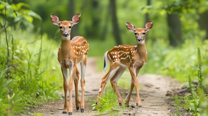 Obraz premium White tailed deer fawn witj hind on natural trail in north Wisconsin.