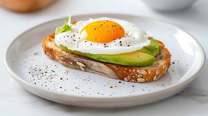 Elegant Minimalist Avocado Toast with Poached Egg on White Plate for Healthy Breakfast
