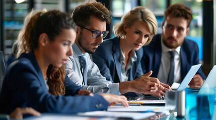 Team of affiliates working on resource allocation reports during a conference making important budgeting decisions to corelate with company goals Teammates review strategies : Generative AI