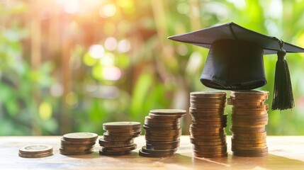 Tuition payment or tuition fee expense for graduate study abroad program concept  Black graduation cap on stacks of coins depicting fees charged by education institution for instructio : Generative AI