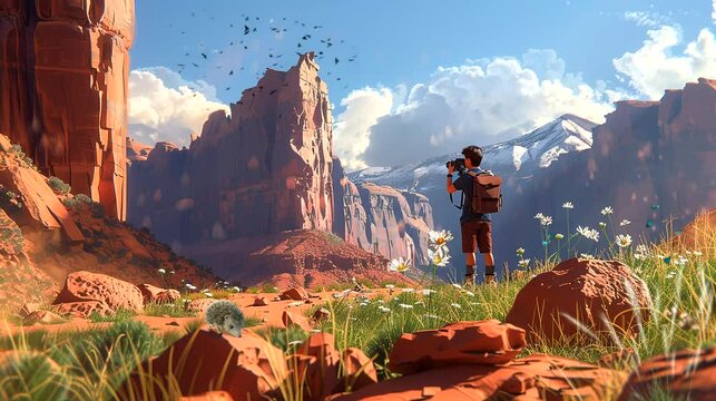 Photographer in grand canyon. Seamless loop video background