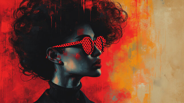 A woman with red hair and red glasses is the main subject of the image. The woman is wearing a red shirt and a black shirt.