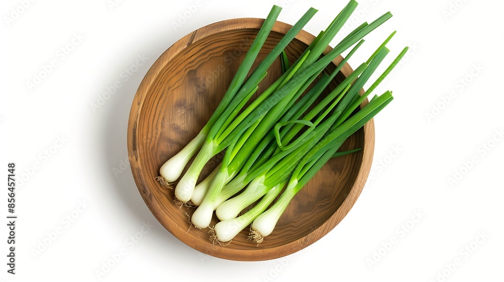 Aufkleber green onion in wooden bowl isolated on the white background top view flat lay : generative ai