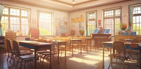 classroom backgrounds with a mix of modern and traditional furniture, including wood and white chairs, a brown piano, and a large window, set against a white wall and wood floor