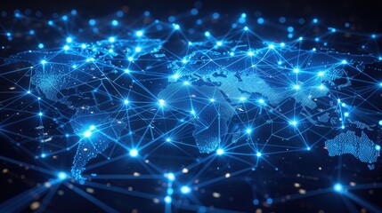 Fototapeta premium 'background blue dark polygon map world abstract icon small connections internal center cloud prominent large there concept technology computing transfer data private public hybrid 