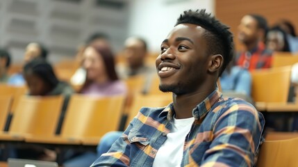 Happy African American university student learning in lecture hall : Generative AI