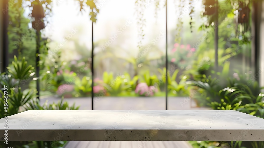 Aufkleber abstract blurred garden view form living room window with concrete table counter background for show  promote design banner ads on display concept : Generative AI