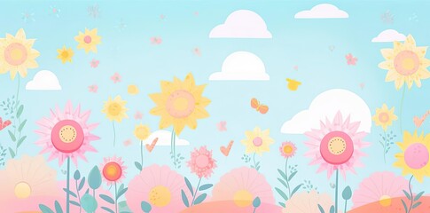 cute summer backgrounds featuring a variety of colorful flowers, including pink, yellow, and orange blooms, set against a blue sky with white clouds