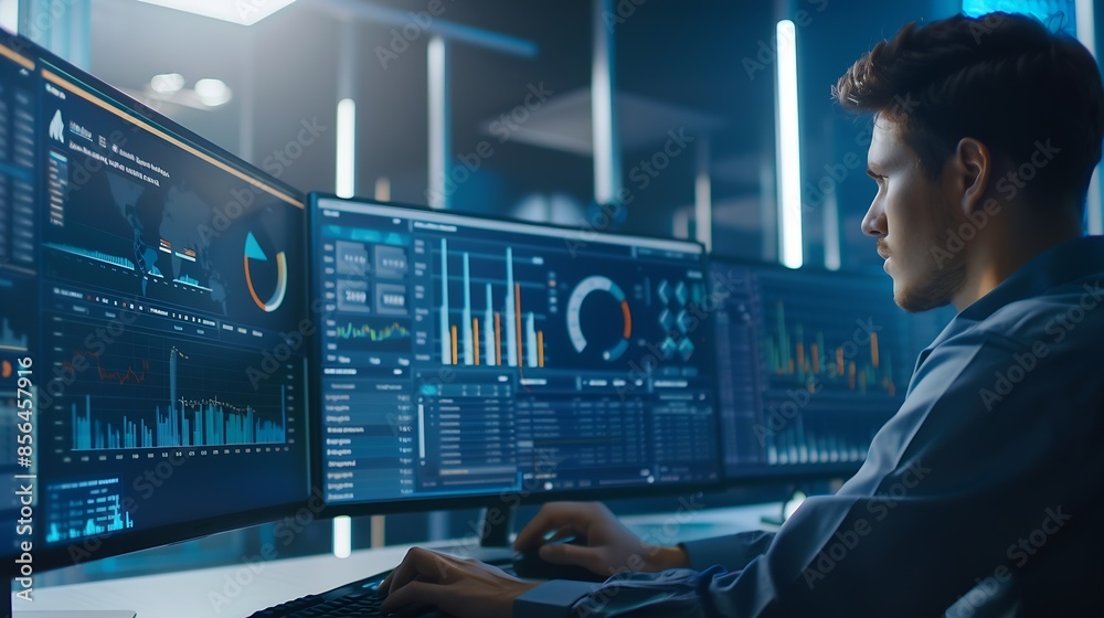 Poster Analyst working with computer in Business Analytics and Data Management System  with KPI and metrics connected to the database for technology finance operations sales marketing Data an : Generative AI