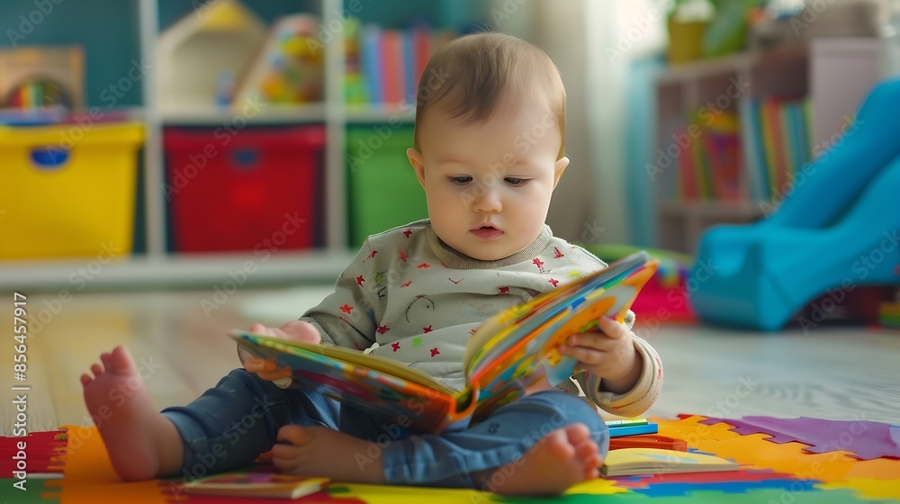 Aufkleber infant sitting on a playmat and reading a coloful childrens book toddler boy enjoying a book at nurs