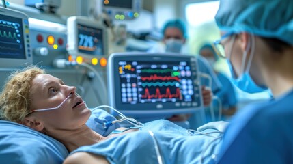 A woman is hooked up to a monitor in a hospital room. A doctor is standing behind her, looking at the monitor