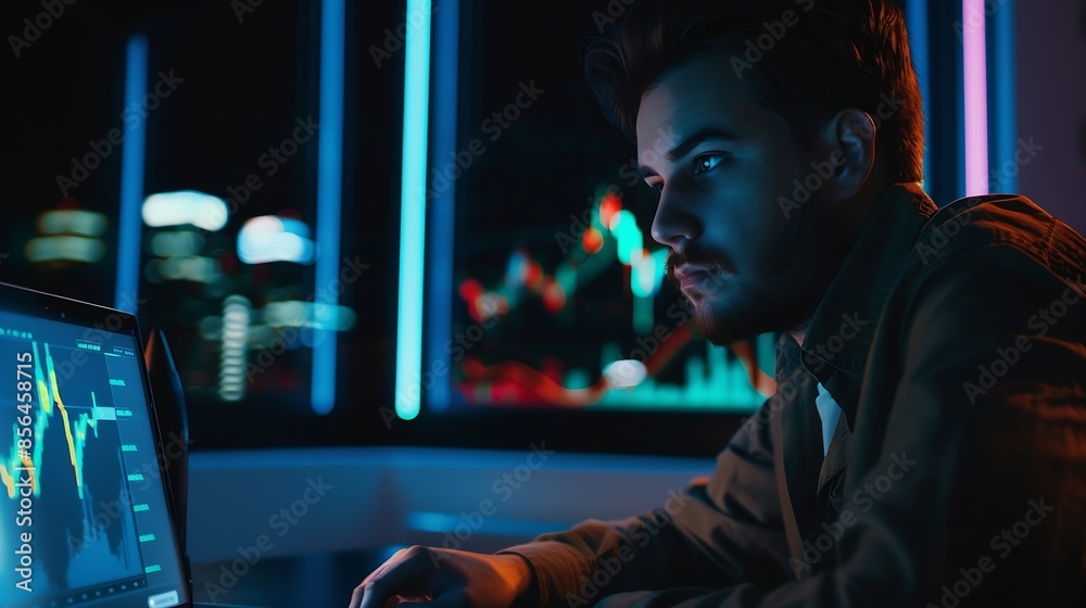 Poster Smart trader businessman concentrating on dynamic stock exchange investment on pc and laptop showing on screen with high profit in searching market at neon light office in dark room ni : Generative AI