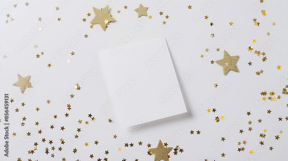 Poster white blank paper square card mockup and golden various sizes stars confetti on white christmas back