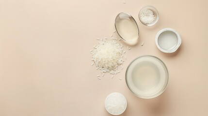 Homemade cosmetic rice water with ingredients on beige background healthy beauty treatment ingredients for homemade comsetics beauty recipe for home spa natural skincare preparation to : Generative AI