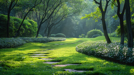 Obraz premium A tranquil garden with a stone pathway winding through lush green grass and trees, creating a peaceful and serene environment.