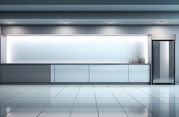 A long white tile floor in a large kitchen with lots of counters