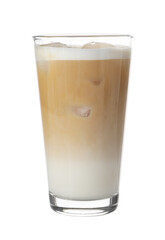 Tasty iced latte in glass isolated on white