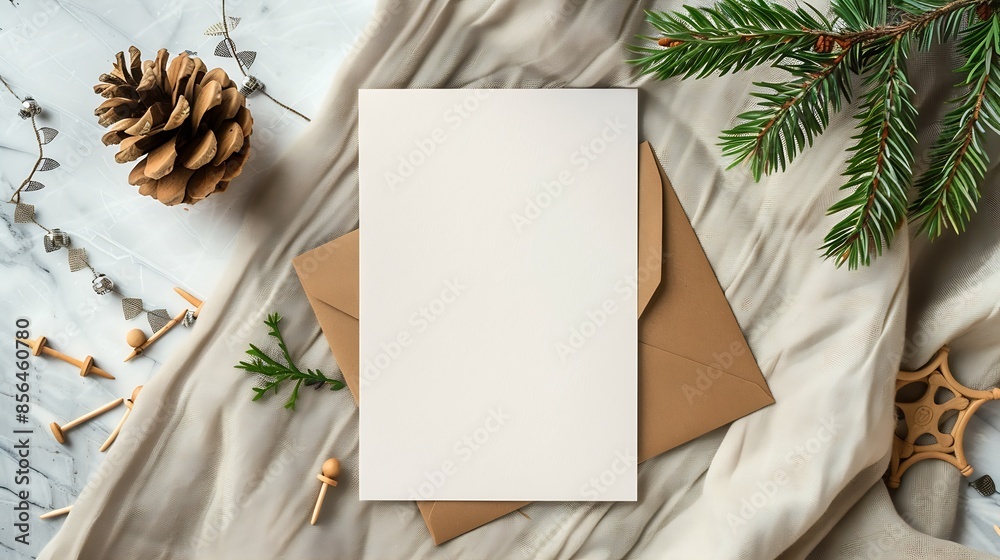 Poster christas greeting card mockup blank vertical a6 card brown envelope pine branch and wooden pins line