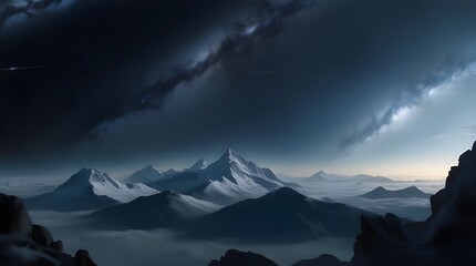 Fototapeta premium In the vast expanse of space, a tranquil mountain landscape unfolds, surrounded by the echoing silence of the void against the backdrop of the infinite universe. Generative AI