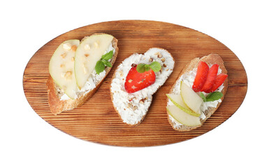 Delicious bruschettas with fresh ricotta (cream cheese), strawberry, mint and pear isolated on white, top view