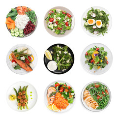 Set of different healthy meals on white background, top view