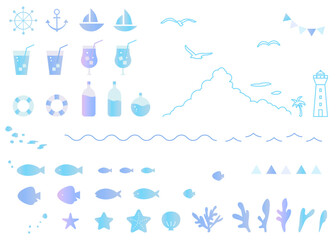 マリンモチーフのアイコンイラストセット　夏　海　グラデーション