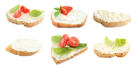 Delicious sandwiches with cream cheese isolated on white, set