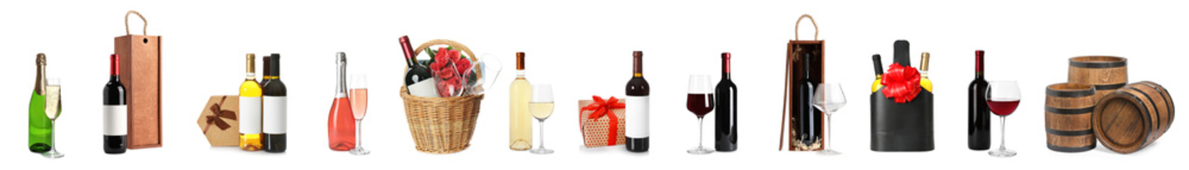 Collection of different wines in bottles and barrels isolated on white