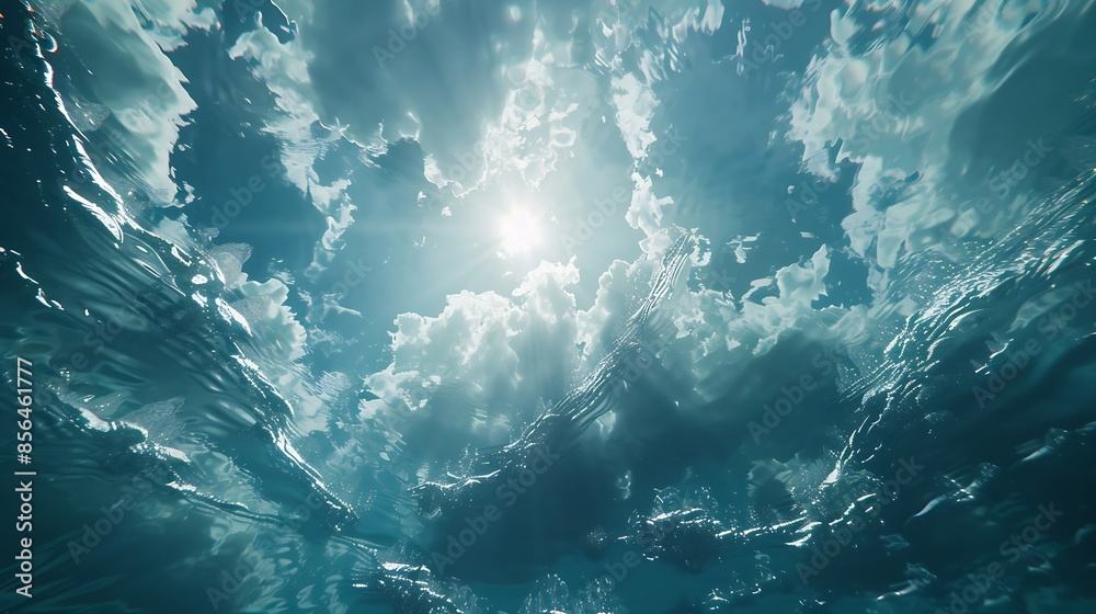 Aufkleber Underwater view looking up through the surface of the water at the sun and clouds with water ripples and texture : Generative AI