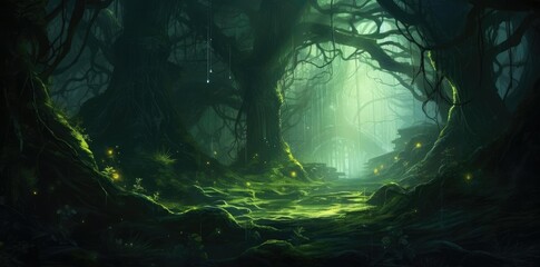 high quality desktop backgrounds featuring a lush forest with towering trees, including a large one on the left and a smaller one on the right, all set against a backdrop of lush greenery