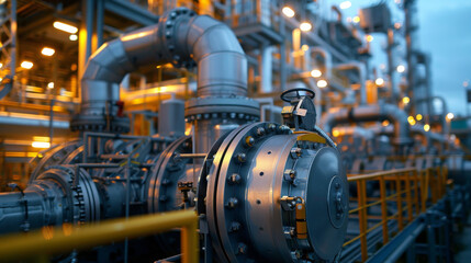 Detailed view of industrial machinery in a factory with pipes, valves, and engineering components under ambient lighting.