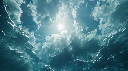 Underwater view looking up through the surface of the water at the sun and clouds with water ripples and texture : Generative AI