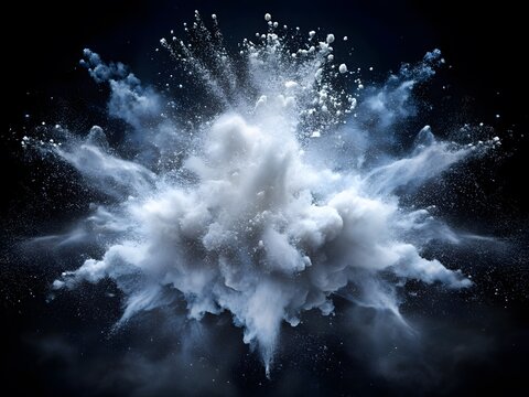 White Powder Explosion On Black Background.