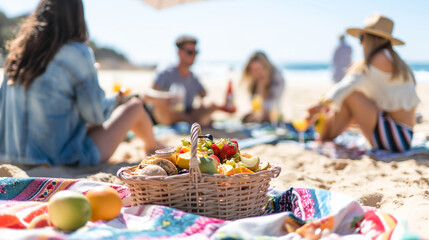 An image showcasing a lively beach picnic with a group of friends enjoying summer snacks
