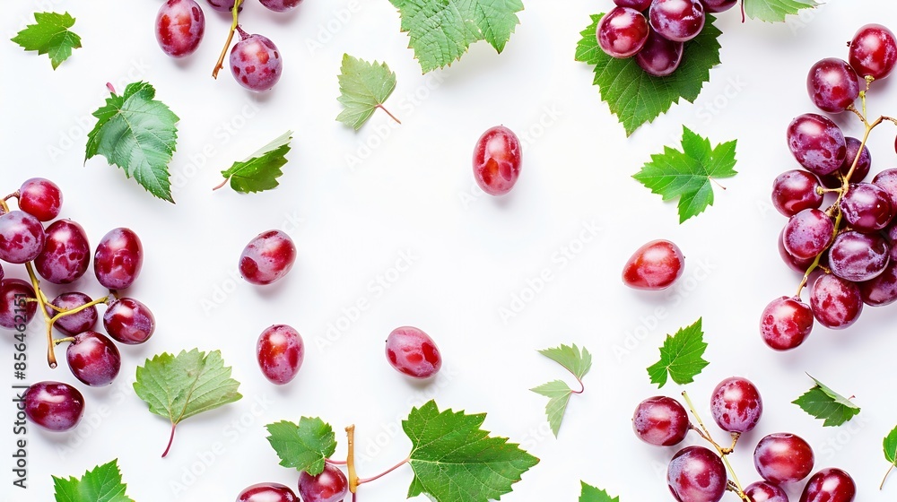 Poster Red grapes with green leaves and half sliced isolated on white background Top view Flat lay Grape pattern texture background : Generative AI