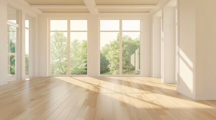 Fototapeta premium Minimalist Empty Room with Blond Hardwood Floors for Design and Layout Inspiration Family Room Den Finished Basement Living Room Garden Apartment Empty for Virtual Staging : Generative AI
