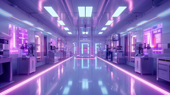 A high-tech, futuristic laboratory illuminated with vibrant neon lights, showcasing advanced technology and innovation.