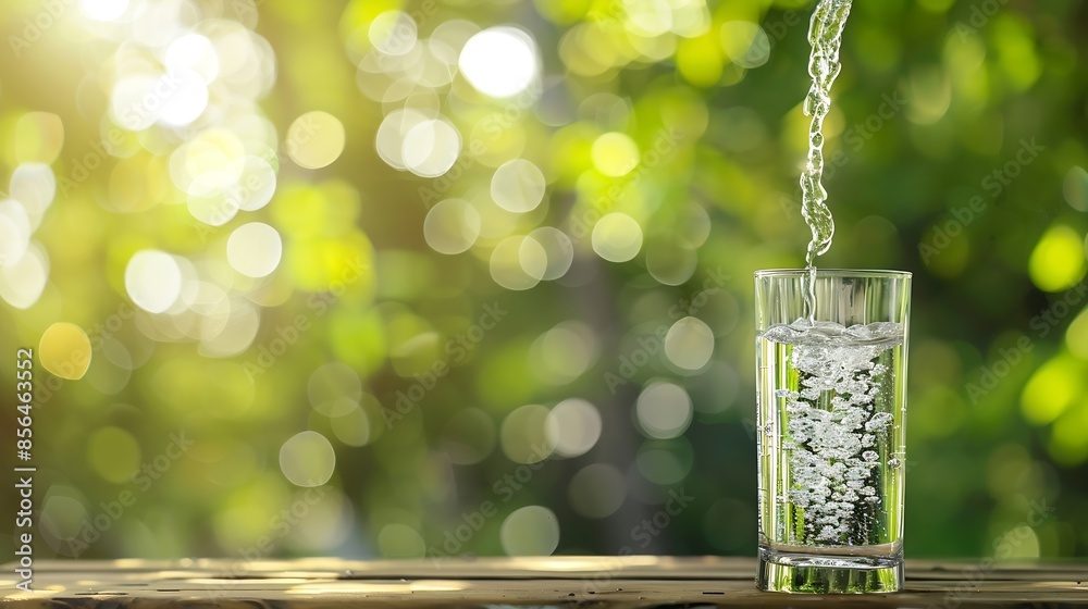 Poster Pouring drinking water into glass on wooden table on blurred green nature bokeh background : Generative AI