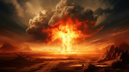 Massive Explosion with Dark Smoke Rising Against a Dramatic Sky