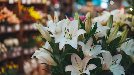 Flowers lilies in the store Beautiful fresh bouquet : Generative AI © The Little Hut